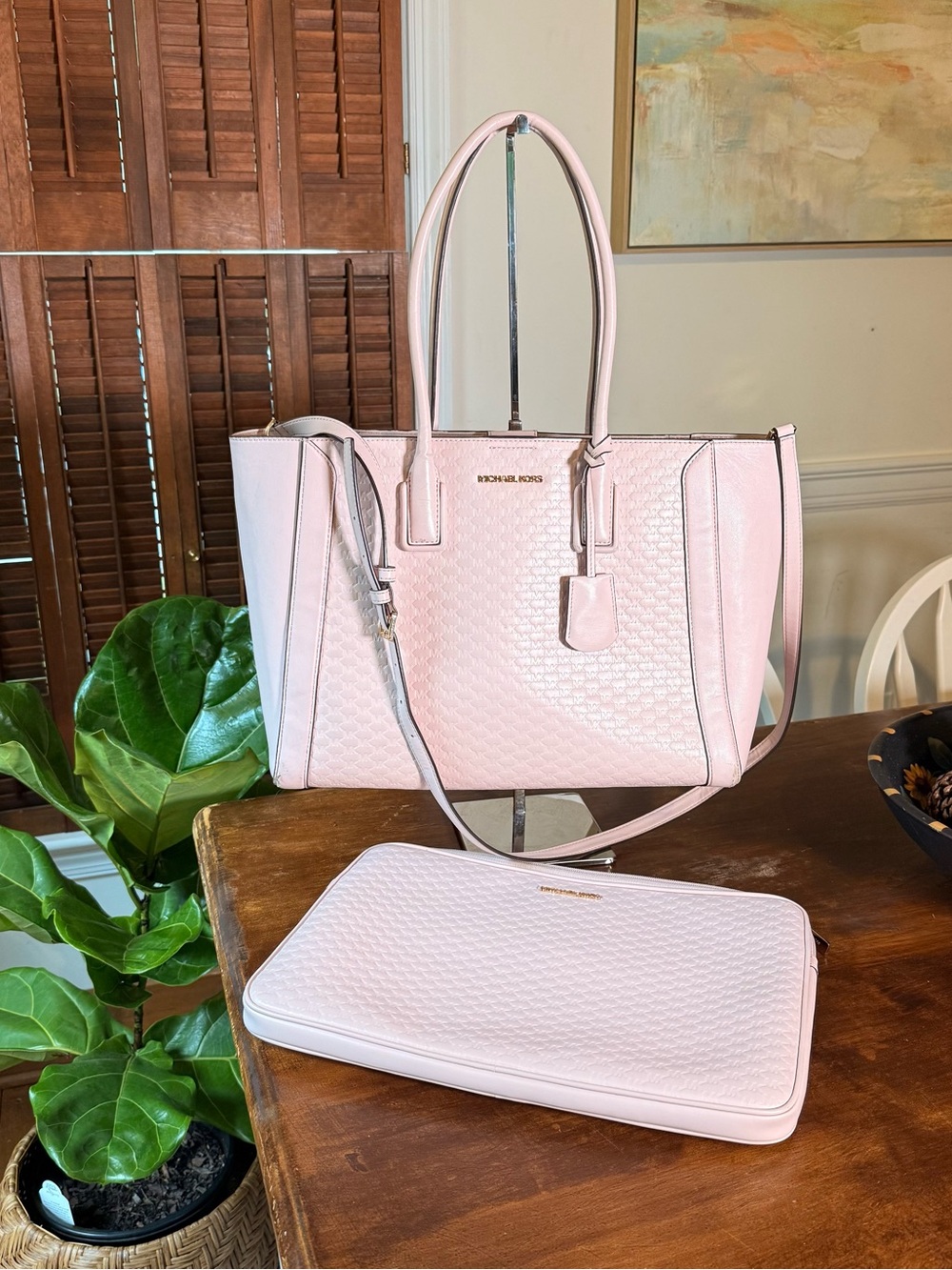 Michael Kors Blush Pink Embossed Logo Tote Shoulder Bag + Matching Laptop Case